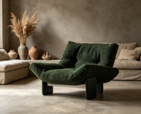 Fauteuil lounge moderne avec base en bois massif - Fauteuil d'appoint ergonomique en tissu bouclé vert foncé pour salon, café ou utilisation en café