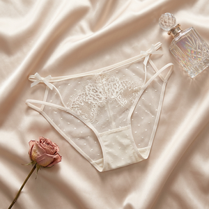 Culottes en dentelle à pois blancs pour femmes, avec double lanière fine et détail nœud, taille basse, lingerie sexy pour dames, vente en gros - Product Image 4