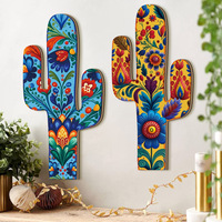 Panneau en bois antique en forme de cactus, plaque à motif de carreaux mexicains pour décoration intérieure, plaque décorative murale en bois avec boîte à souvenirs