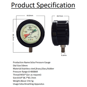 Bottom Connection 400 <span class=keywords><strong>BAR</strong></span> Dial <span class=keywords><strong>50</strong></span> MM Manômetro Com Tampa De Borracha para Aparelho de Respiração Scba OEM ODM Support - Product Image 6