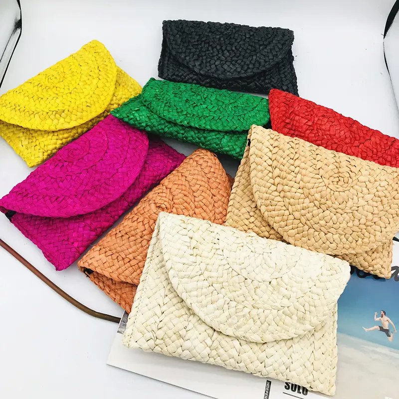 Fashion Handmade Straw Woven Women Summer Beach Purses Envelope Handbags Colorful Raffia Grass Straw Clutch Bags For Girl