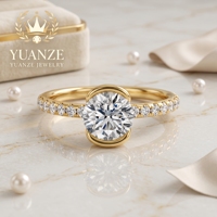 Bague de Fiançailles Personnalisée en Argent Sterling S925 avec Moissanite VVS Ronde Sertie en Bezel, Bande Demi-Pavé, Tonalité Or, pour Femme, Bague de Mariage