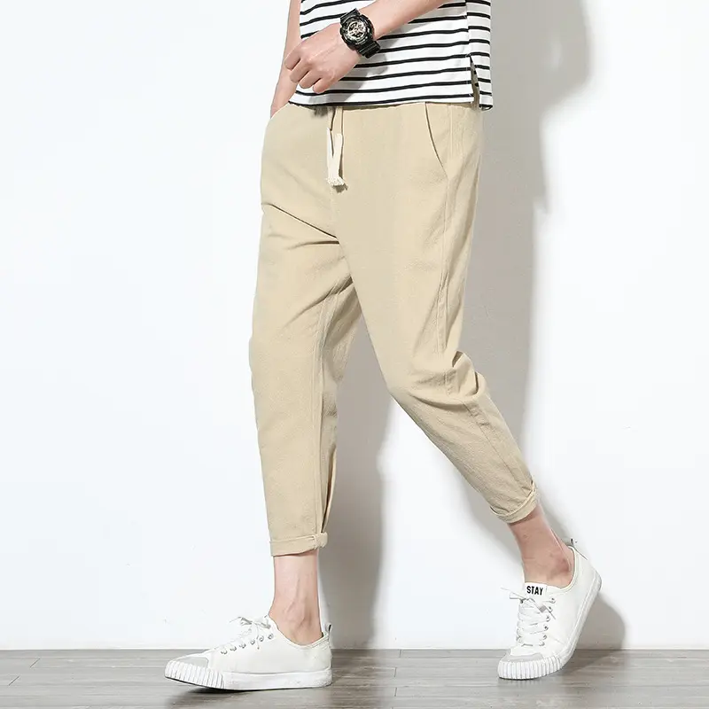 Men's cotton and linen loose casual cropped trousers