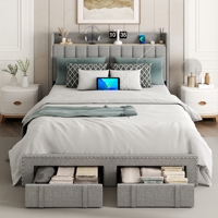 Cadre de lit rembourré moderne avec prise USB, tête de lit avec rangement, garniture cloutée et double tiroir pour chambre à coucher, mobilier de maison et chambre d'hôtel