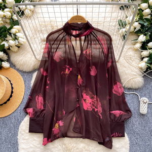 Blus Kasual Wanita Lengan Panjang Kerah Tinggi Bahan Mesh, Kemeja Polos Wanita, Atasan Manis Wanita, Pakaian Wanita Grosir - Product Image 2