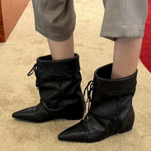 2025 Autumn Winter High-End Women's Mid-Calf Boots Foldable Two-Way <b>Pointed</b> <b>Toe</b> Height-Increasing Lace-Up Design Rubber - Product Image 2