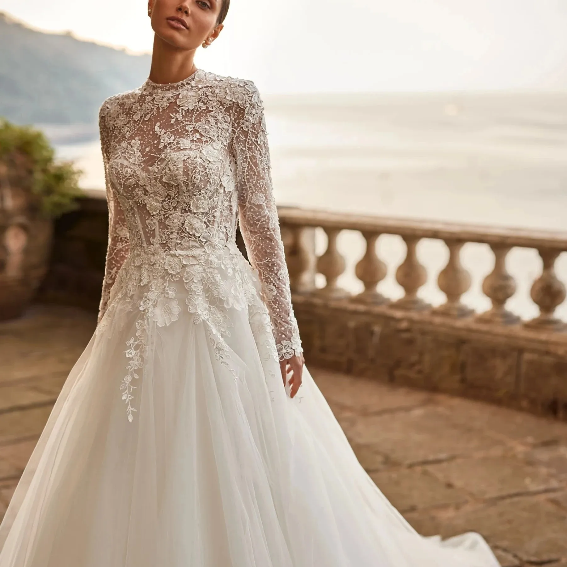 Vestido de noiva de luxo modesto de manga comprida, vestido de noiva branco africano de renda, vestido de noiva, elegantes, ideal para mulheres, 2024