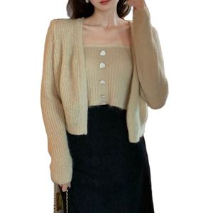 2025 Spring Women Long Sleeve Sweater <strong>Cardigan</strong> and Soft Sexy Short Singlet Sweater Top <strong>Twin</strong> <strong>Set</strong> - Product Image 1