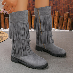 Mode européenne américaine mi-mollet <span class=keywords><strong>bottes</strong></span> en <span class=keywords><strong>daim</strong></span> femmes grande taille rétro talon mince sans lacet gland chevalier <span class=keywords><strong>bottes</strong></span> hauteur - Product Image 3