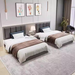 Cheap Hotel Bedroom Furniture Set <b>Single</b> Twin Tatami Bed with Wood Base Upholstered <b>Headboard</b> Nightstand for Boutique Hotel Room - Product Image 2