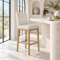 Tabouret de bar rembourré avec pieds en bois massif, assise et dossier en tissu tissé ivoire, chaise de bar sans accoudoirs pour îlot de cuisine