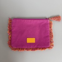 Pochette de maquillage en toile rose à franges pour femme, pochette cosmétique bohème à fermeture éclair avec tirette à pompon et doublure intérieure pour les fêtes