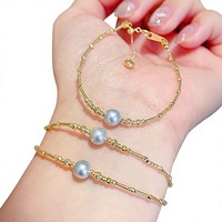 Bracelet en perles Akoya, perles rondes d'eau de mer authentiques, bleu gris, 7-8 mm, chaîne en or 18 carats, fermoir coulissant, vente en gros pour femmes