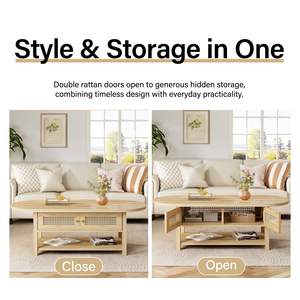 סלון ריהוט סלון בסגנון המאה ה-אמצע שולחן קפה סגלגל עם דלת ראטן ומדף פתוח - Product Image 5