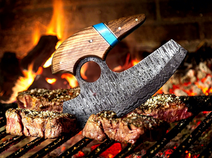 Couteau Ulu artisanal en acier Damas avec manche en bois de noyer, personnalisable (DIY, OEM) pour la préparation culinaire, le hachage et la découpe en dés - Product Image 3