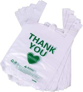 Sacs d'épicerie en plastique recyclables blancs à poignée robuste avec design de t-shirt «merci» personnalisable pour une utilisation au supermarché - Product Image 4