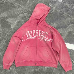 Sweat à capuche zippé personnalisé en molleton bouclette effet vieilli vintage 500 g/m² épais délavé à l'acide effet soleil décoloré pour homme - Product Image 4