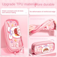 Trousse à crayons pour fille à trois couches de grande capacité Sac de papeterie transparent en coeur Nouveau cuir de grande valeur pour l'école primaire