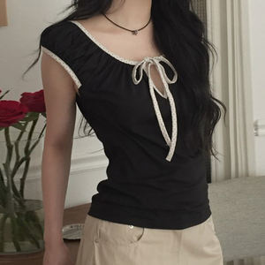 Camiseta de manga corta con cuello en V y cordones, estilo dulce y femenino, con ribete de color en contraste y lunares, sencilla y versátil. - Product Image 5