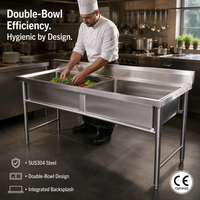 Wastafel Ganda Stainless Steel 304 Komersial dengan Meja dan Rak untuk Dapur Restoran, Grosir dan Custom