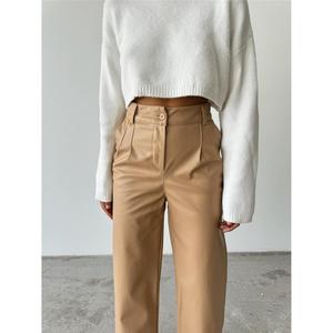 Pantalon palazzo en cuir taille haute pour femme, respirant, taille élastique - Beige, manches longues, tailles XS et XL disponibles - Product Image 3