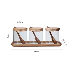 새로운 인기 조미료 컨테이너 조미료 상자 냄비 3pcs 향신료 유리 항아리 세트 대나무 숟가락 뚜껑 및베이스