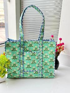 Customized Quilted Cotton Vintage Floral Quilted Large Capacity Ruffle Tote <b>Bag</b> Handprinted <b>Boho</b> Shopping Tote <b>Bag</b> for Women - Product Image 2