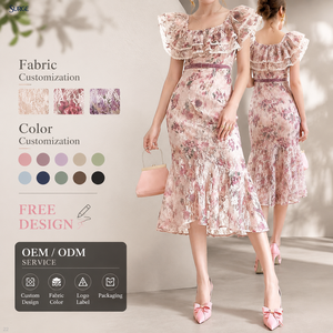Vestido Midi Casual de Fiesta para Mujer, Color Rosa, con Encaje Floral, Poliéster, Cuello Cuadrado, Volantes, Manga Corta, Corte Ajustado, Estilo Sirena - Product Image 1