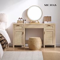 Bureau de toilette en rotin avec rangement, coiffeuse avec 3 tiroirs et 2 armoires, bureau en bois pour la maison ou le bureau, pour chambre à coucher