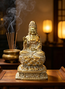 Statua Antica in Resina di Guanyin su Trono di Loto, Figurina di Buddha Kwan Yin, Decorazione Zen Asiatica per Soggiorno e Altare - Product Image 4