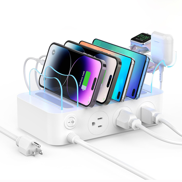 3 AC Outlets Power Strip Desktop Charger Stand Organizer Universal Smartphone 6 USB Ports Charging Station for Multiple Devices