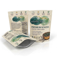 Sachets d'emballage personnalisés imprimés, réutilisables, biodégradables, résistants à l'humidité, pour café en poudre, herbes et thé vert, en aluminium, à fond plat