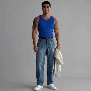 Débardeur d'été en maille à rayures verticales pour homme, style décontracté et amincissant, sans manches, épaules larges, nouveau style - Product Image 1