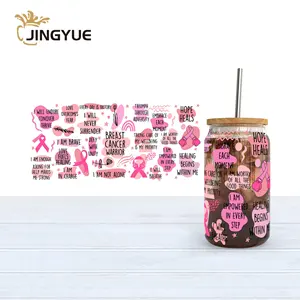 16oz UV in thăng hoa Tumbler Soda bia uống có thể thủy tinh với nắp tre và kính rơm