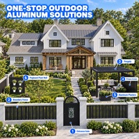 Solution complète pour jardin de villa en aluminium noir : Portail cintrée, clôture, pergola, écran d'intimité, jardinières et mur végétal en panneaux perforés