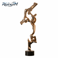 Sculpture abstraite moderne en métal doré, effet miroir, en acier inoxydable forgé à la main, motif de branches, statue creuse avec base en marbre noir RUNJIN