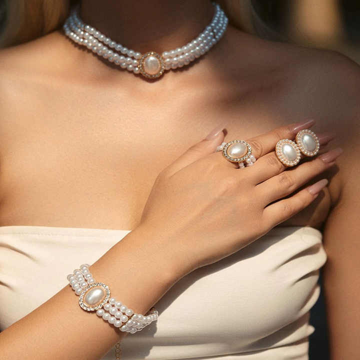 Women's Seashell Pearl Jewelry Set - Necklace, Bracelet & Earrings In White With Blue Accent (8mm Pearls) 1 thumbnail image