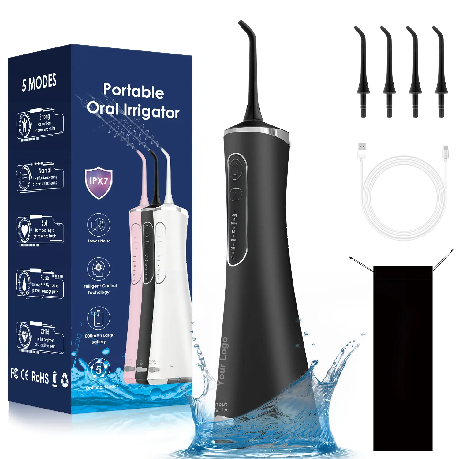 Irrigador oral dental portátil, irrigador oral, bom design para viagens, preto, usb, fio dental, oral