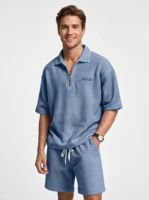 Setelan 2 Potong Pria Ramah Lingkungan Model Waffle Weave, Kaos Polo Setengah Resleting dan Celana Pendek, Potongan Santai, Pakaian Kasual Musim Panas, Streetwear, 100% Ramah Lingkungan