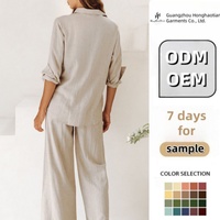 Ensemble de vêtements de détente pour femmes en lin 100% personnalisé ODM, pantalon ample surdimensionné, chemise à motif uni longueur cheville pour le printemps/été