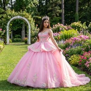 Vestido de Quinceañera/Dulce 15/Jubileo/Jacenber, modelo Dy8563, rosa rubor, con hombros descubiertos, floral, con purpurina y tul, estilo de gala. - Product Image 1