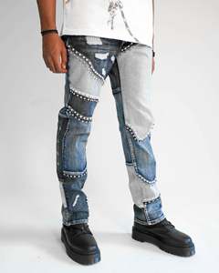 בגדי רחוב לגברים אופנתיים באיכות גבוהה, עיצוב טלאים עם אבני חן ופנינים בצבע אינדיגו בסגנון Y2K, עשויים כותנה דנים. - Product Image 1