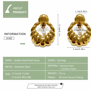Boucles d'oreilles pendantes en forme de perle de coquillage, acier inoxydable, plaqué or 14 carats, imitation perle - Product Image 3