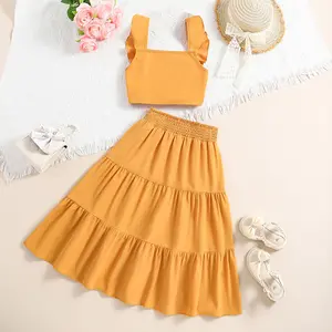 2024 Summer Elegant Big Kids Girls Clothing Set Solid Color Fly Sleeve Square Collar Top Skirt 2Pcs Clothes For Teens