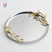 Plateau Métal Miroir Rond de Luxe Avec Poignée Dorée, Plateau de Rangement pour Clés, Desserts, Snacks, Fruits pour Hôtel, Cuisine, Table, Décoration Maison