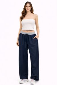 Pantaloni a Vita Alta a Gamba Larga in Tinta Unita, Lunghezza Intera, Vita Elastica, in Spandex e Poliestere, Abbigliamento Sportivo Casual da Donna - Product Image 1