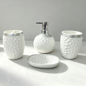 Ensemble d'accessoires de salle de bain blancs en relief nid d'abeille <span class=keywords><strong>3D</strong></span> : distributeur de <span class=keywords><strong>savon</strong></span>, gobelet, <span class=keywords><strong>porte</strong></span>-brosse à dents, <span class=keywords><strong>porte</strong></span>-<span class=keywords><strong>savon</strong></span> pour comptoir de salle de bain - Product Image 4