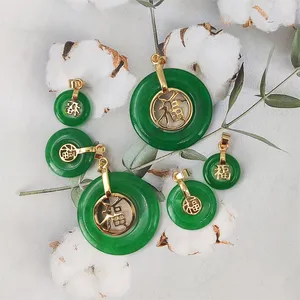 Best Selling green stone pendant round donut charms chinese blessing fu jade pendant good fortune jewelry for necklace making