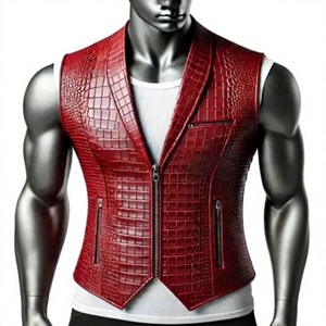 Gilet en cuir gaufré rouge pour homme, fermeture éclair, style motard - Product Image 1