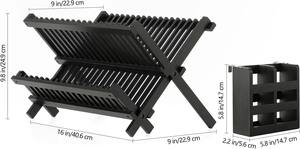 Escurridor de Platos Plegable de Bambú Negro de 2 Niveles, Escurridor de Platos Plegable con Juego de Porta Utensilios - Product Image 6